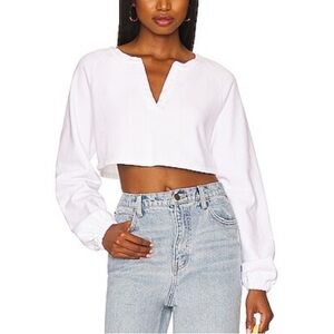 Lovers & Friends- White Longsleeve Emilia Pullover Cropped Sweatshirt